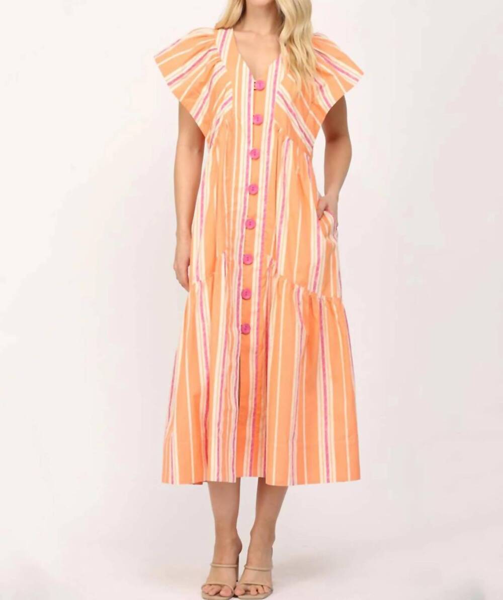 NEW FATE stripe v-neck midi dress with swirl button in orange multi